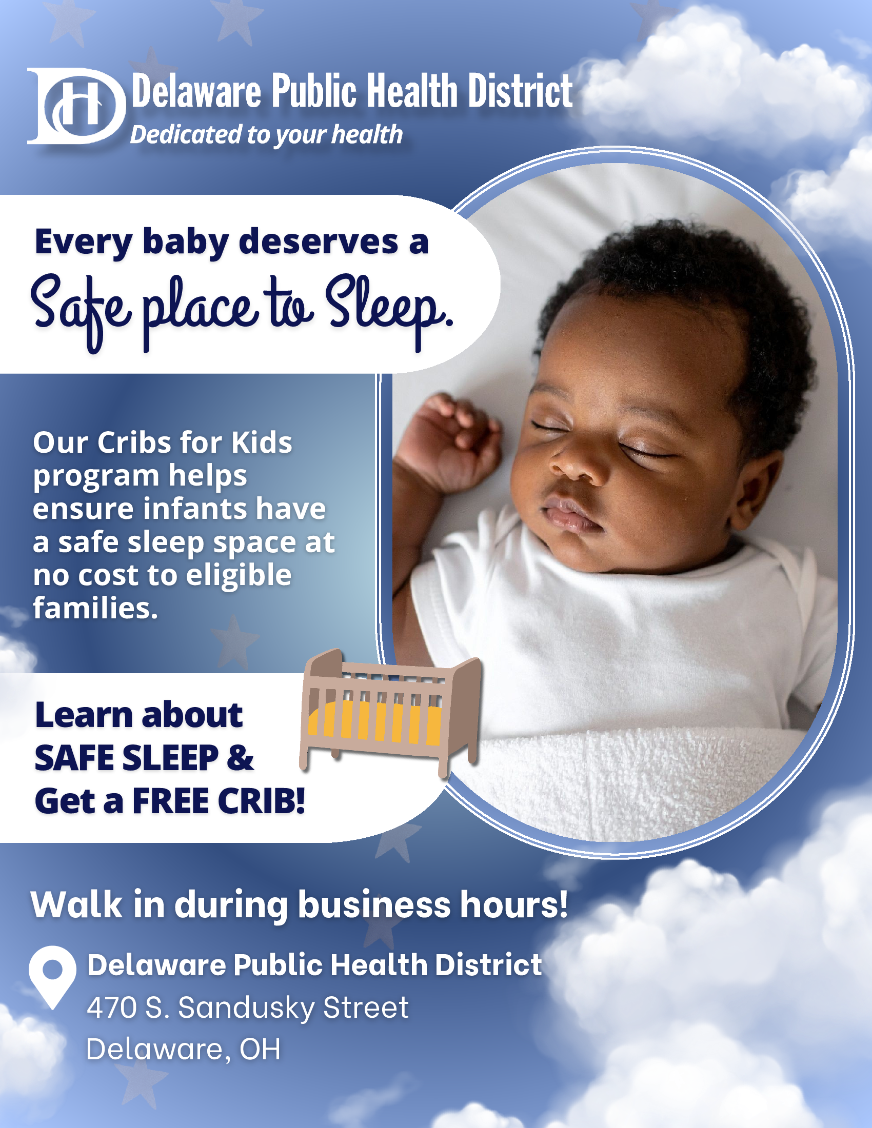 Cribs for Kids – free safe sleep crib program, walk in, Delaware Public Health District