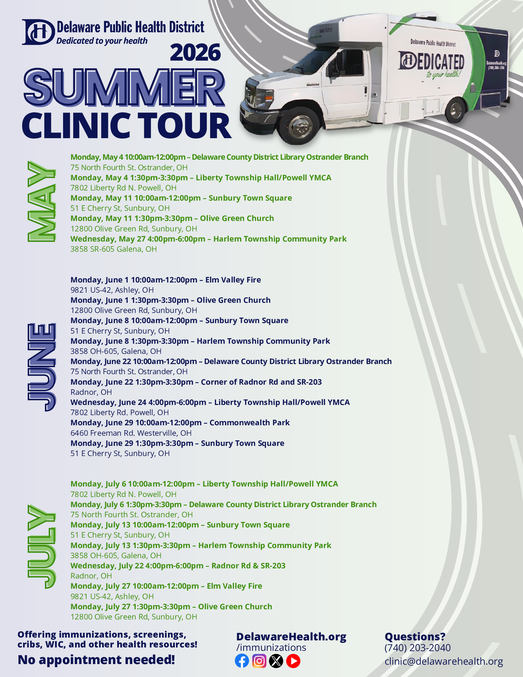 2026 Summer Clinic Tour – free immunizations and screenings, no appointment needed, Delaware County